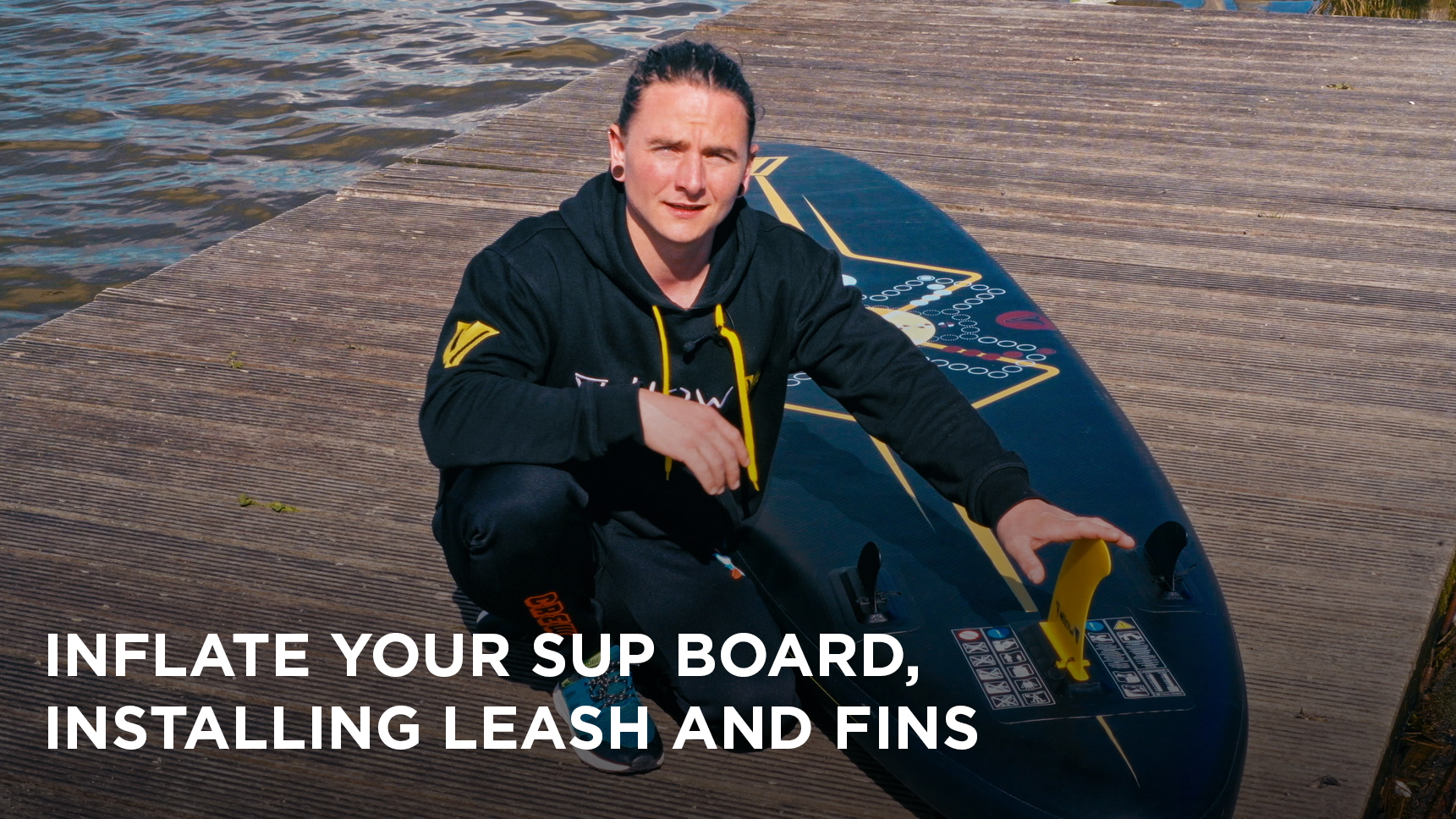 Inflate your Sup board, installing leash and fins. 
